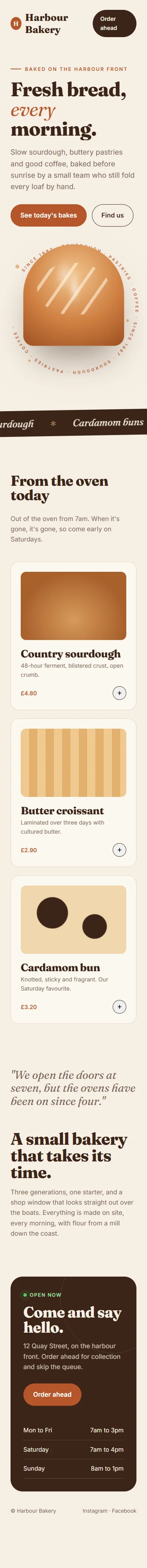 Phone view of the Harbour Bakery sample website