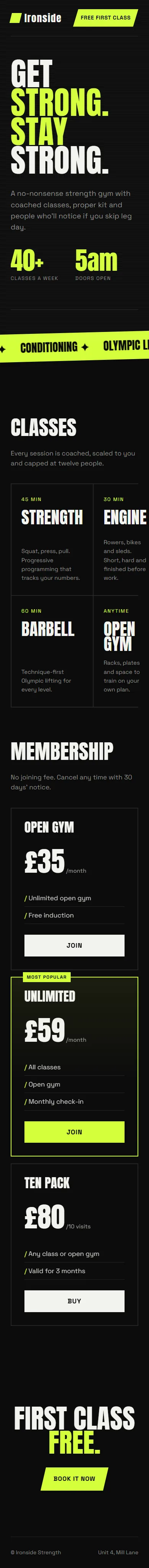 Phone view of the Ironside Strength sample website