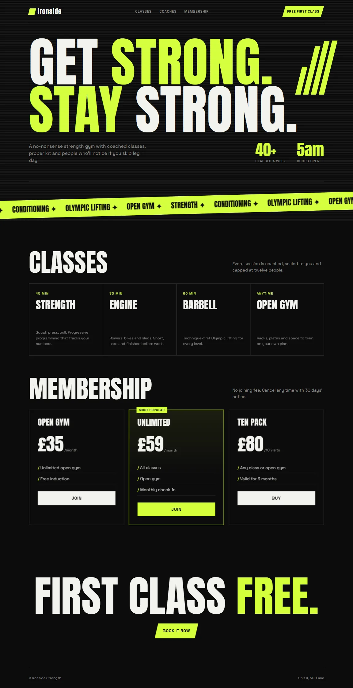 Desktop view of the Ironside Strength sample website