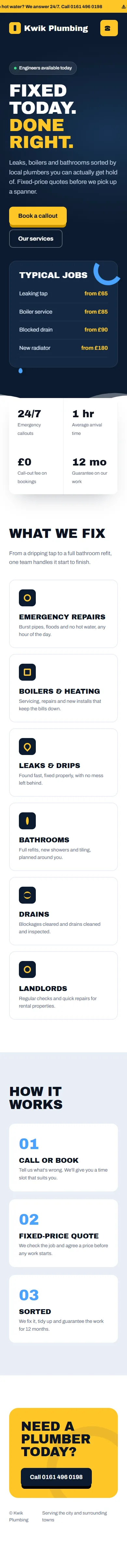 Phone view of the Kwik Plumbing sample website