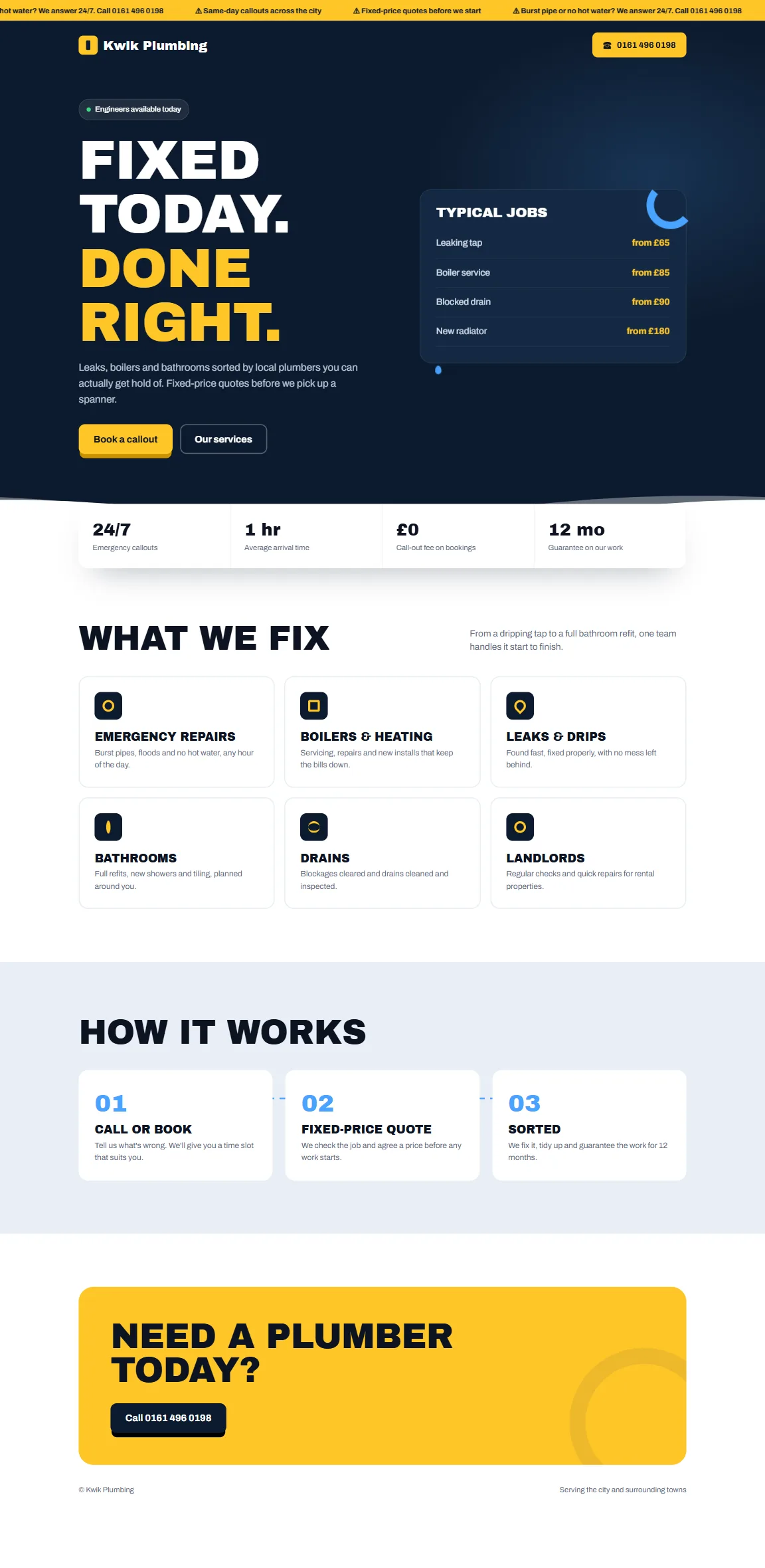 Desktop view of the Kwik Plumbing sample website
