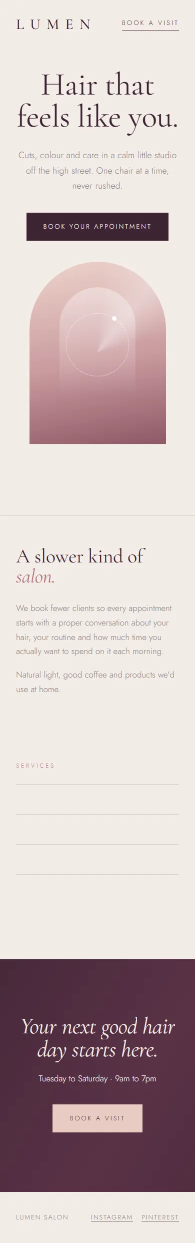 Phone view of the Lumen Salon sample website