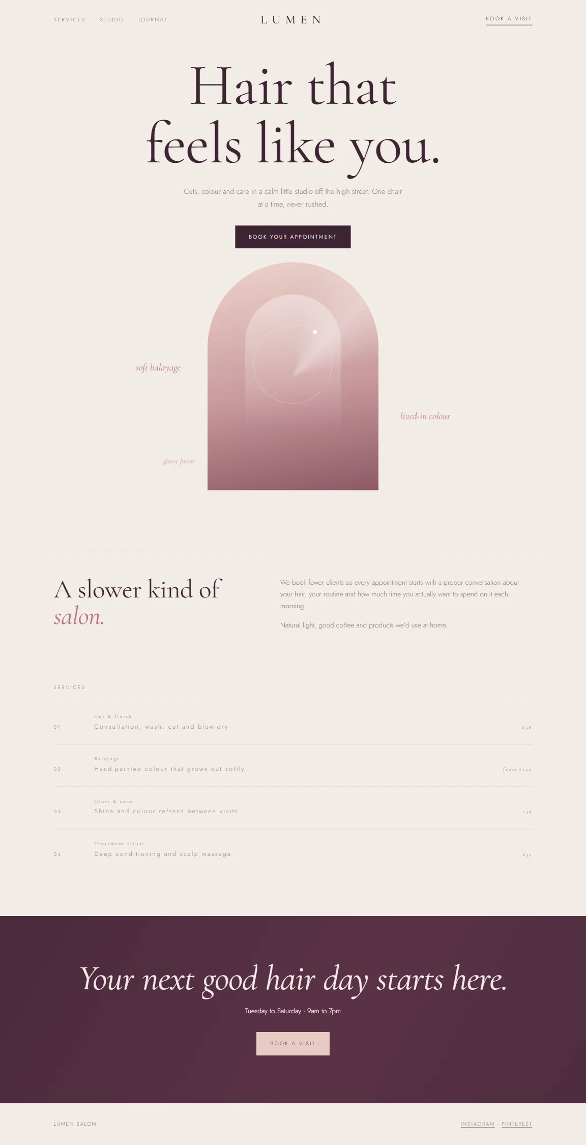 Desktop view of the Lumen Salon sample website